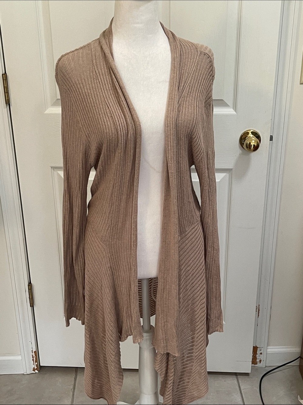 Kaily kWomen's Long Open-Front Ribbed Cardigan - Taupe Size XL